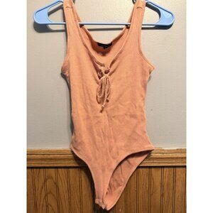 Ambiance Peach Ribbed Bodysuit with Lace-Up Front Size Medium